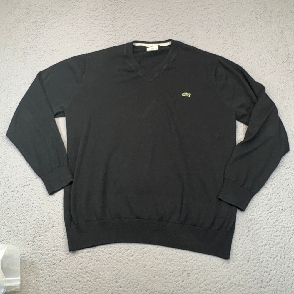 Lacoste Sweater Mens XL Black V-Neck Pullover Classic Quiet Luxury Crocodile